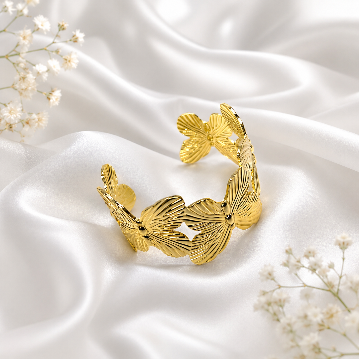 Luxury Gold Floral Broad Cuff Bracelet for Women | Adjustable Statement Bangle