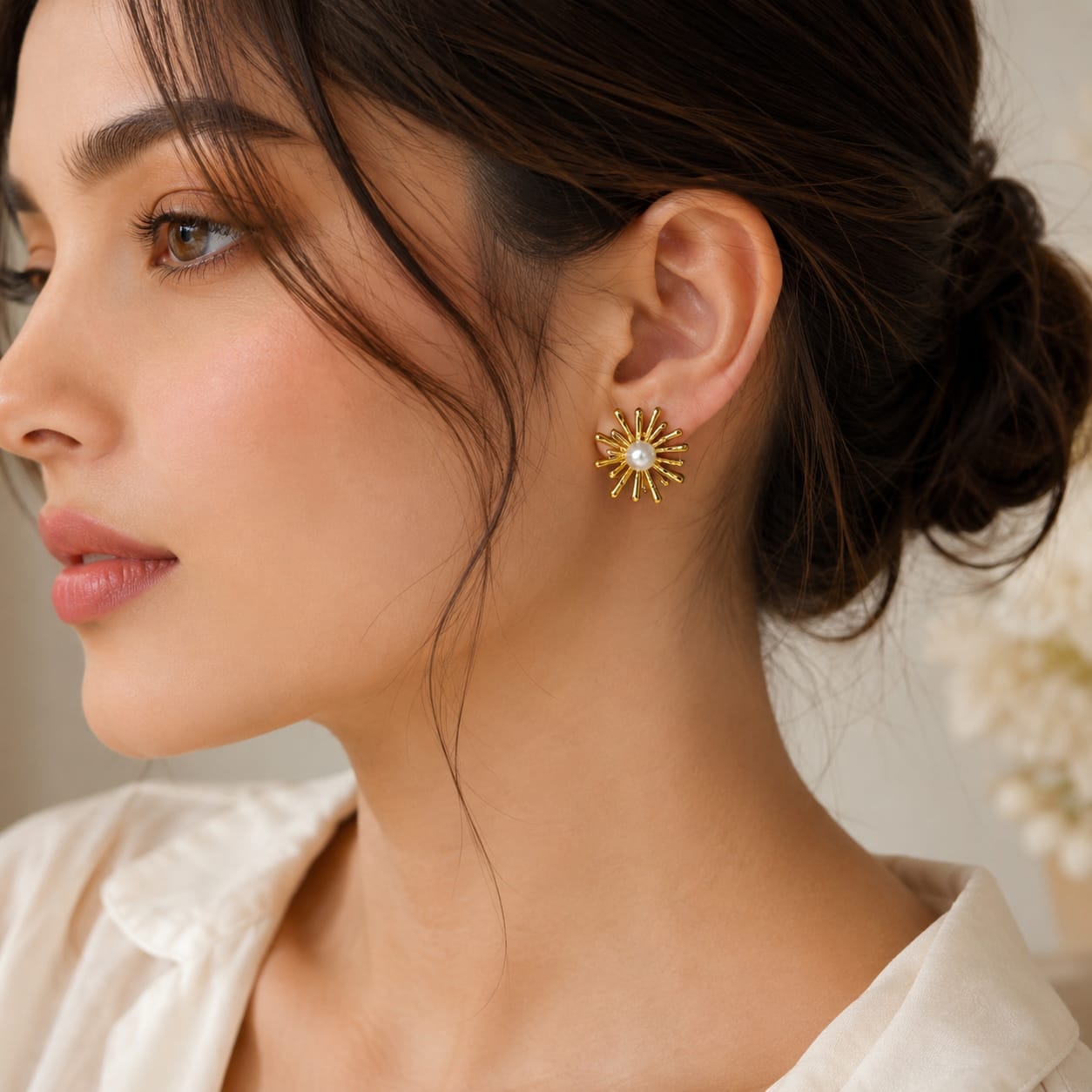 Korean Sunburst Pearl Stud Earrings for Women | Gold Starburst Pearl Earrings | Minimalist Luxury Party Wear Earrings