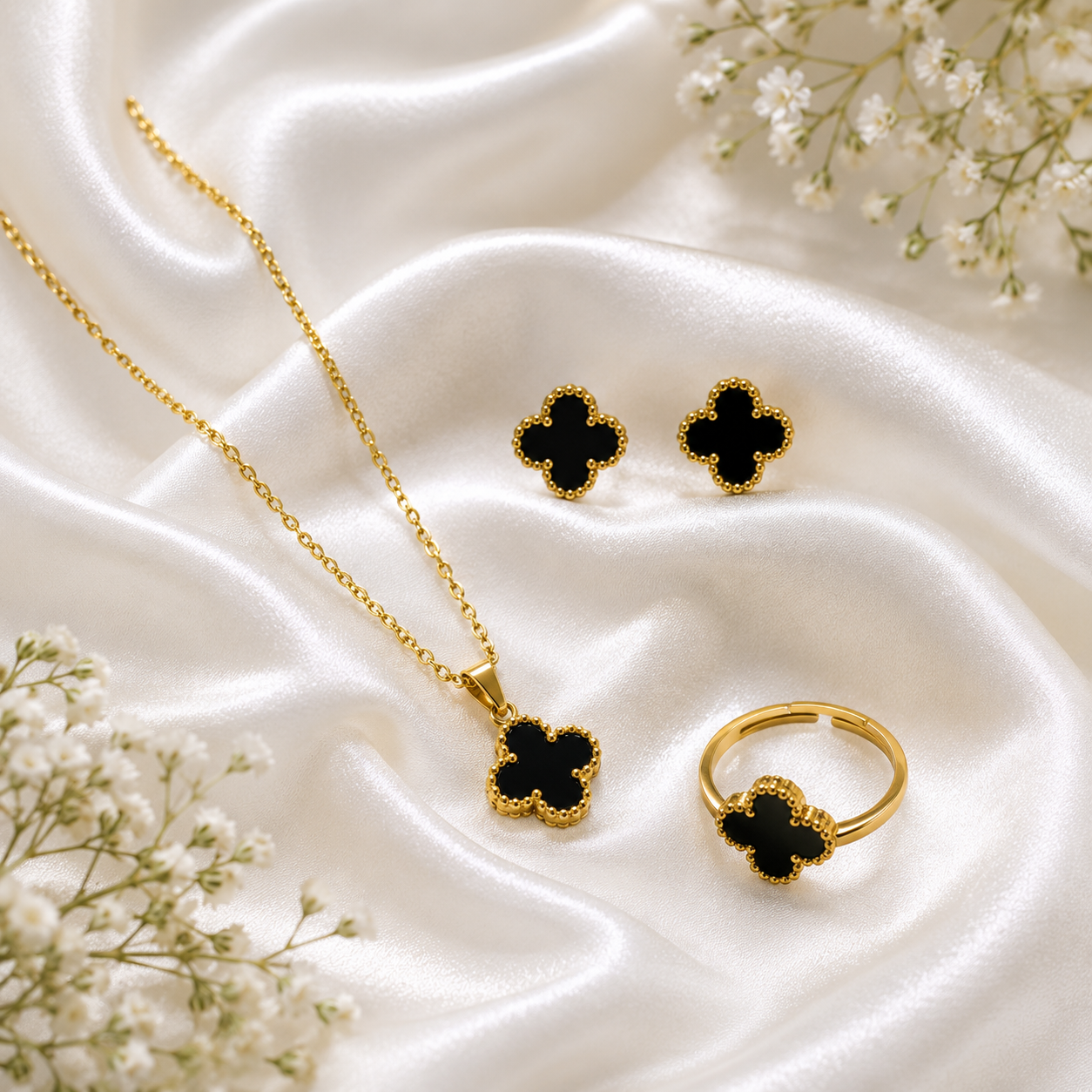 Luxury Black Clover Jewellery Set for Women | Gold-Plated Pendant Necklace, Stud Earrings & Adjustable Ring | Premium Korean Style Gift Set