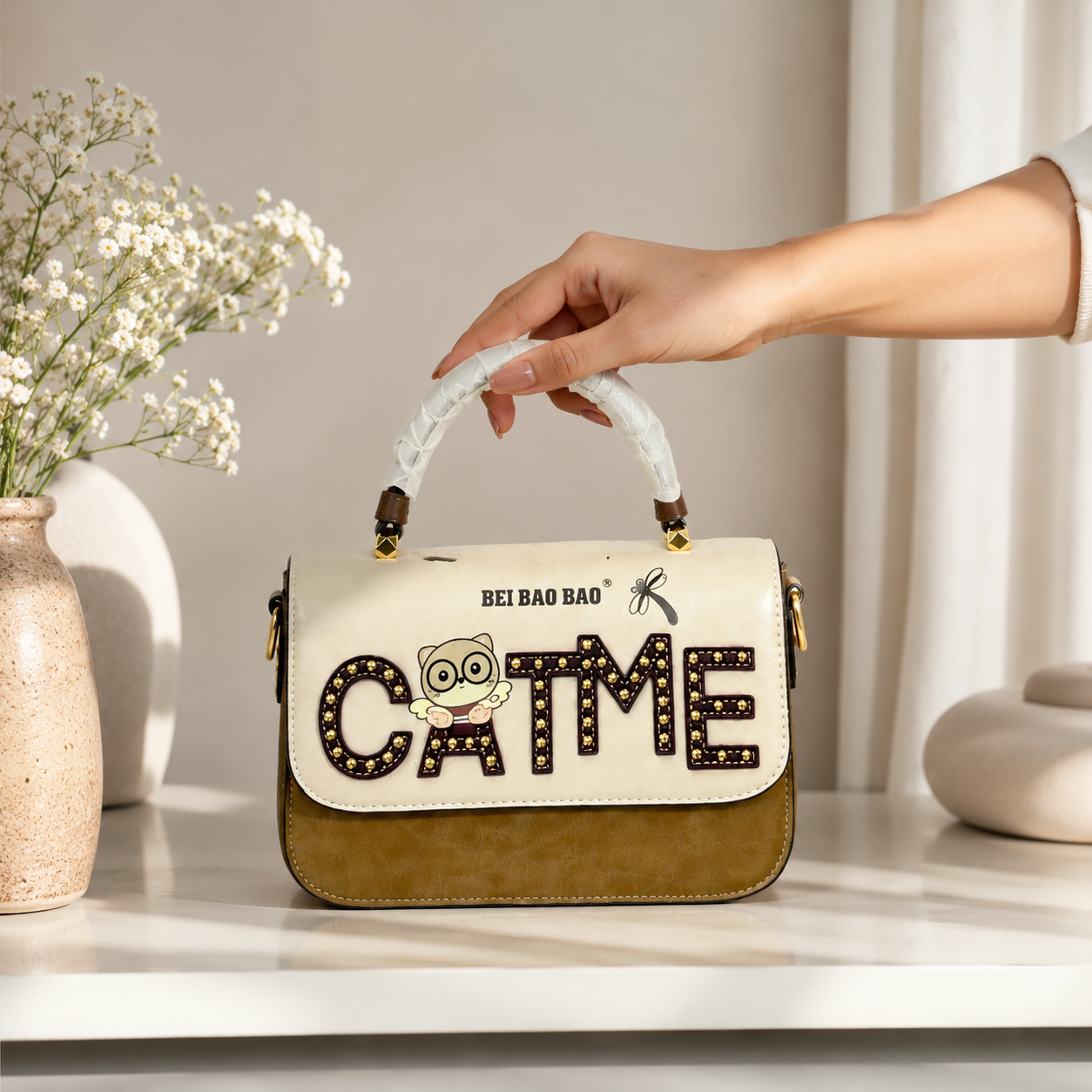 BEI BAO BAO CATME Premium Cartoon Satchel Handbag for Women | Top Handle & Crossbody Sling Bag
