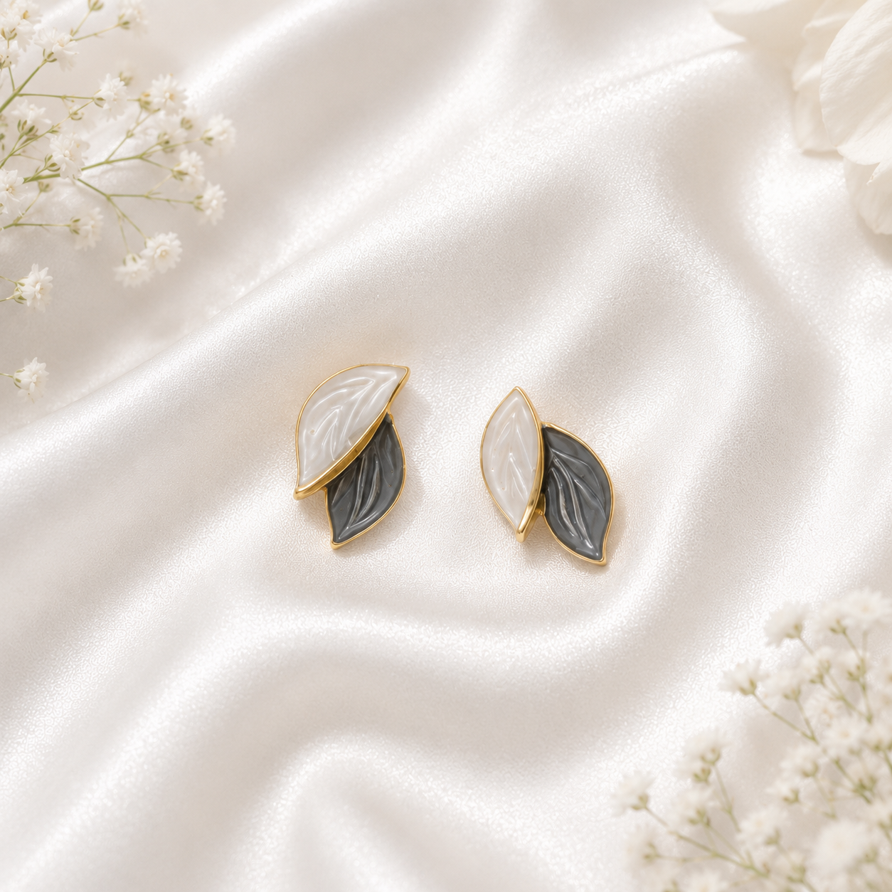 Korean Style Dual Leaf Stud Earrings for Women | Black & White Gold Plated Minimal Earrings