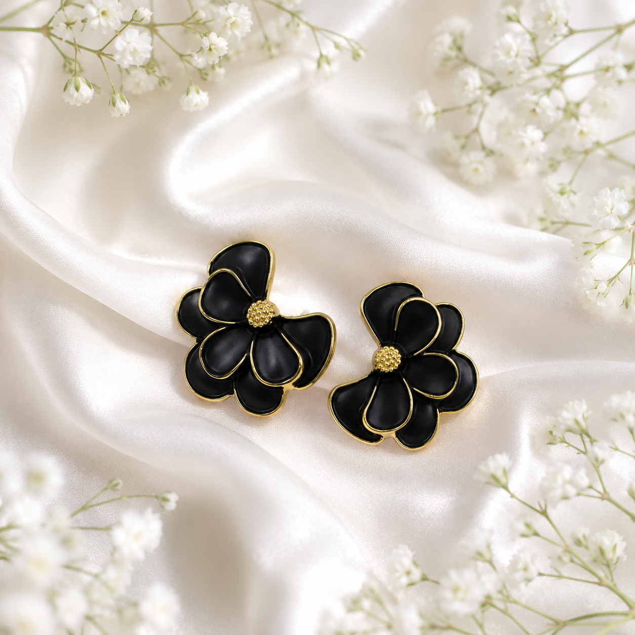 Black Floral Statement Stud Earrings for Women | Elegant Gold Outline Flower Earrings