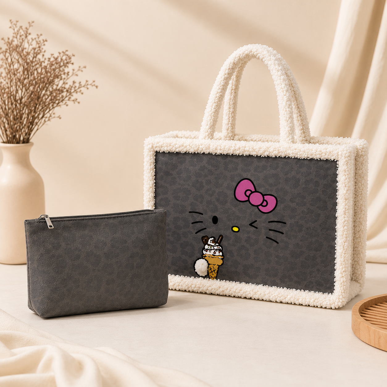 Cute Plush Kitty Tote Bag with Matching Mini Pouch for Women | Soft Faux Fur Travel & Everyday Handbag