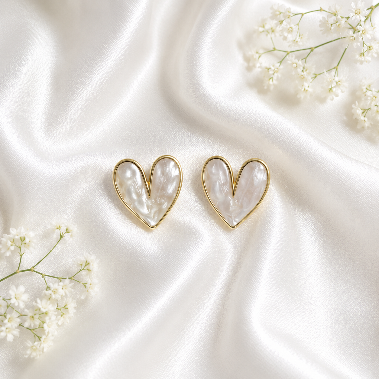 Korean Style Heart Earrings | Pearl Marble Gold Studs