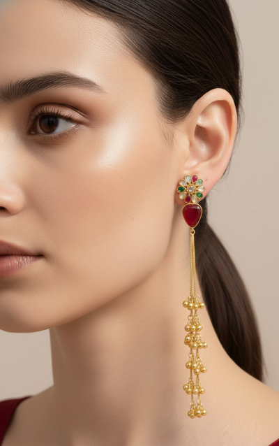 Ruby Floral Long Tassel Earrings