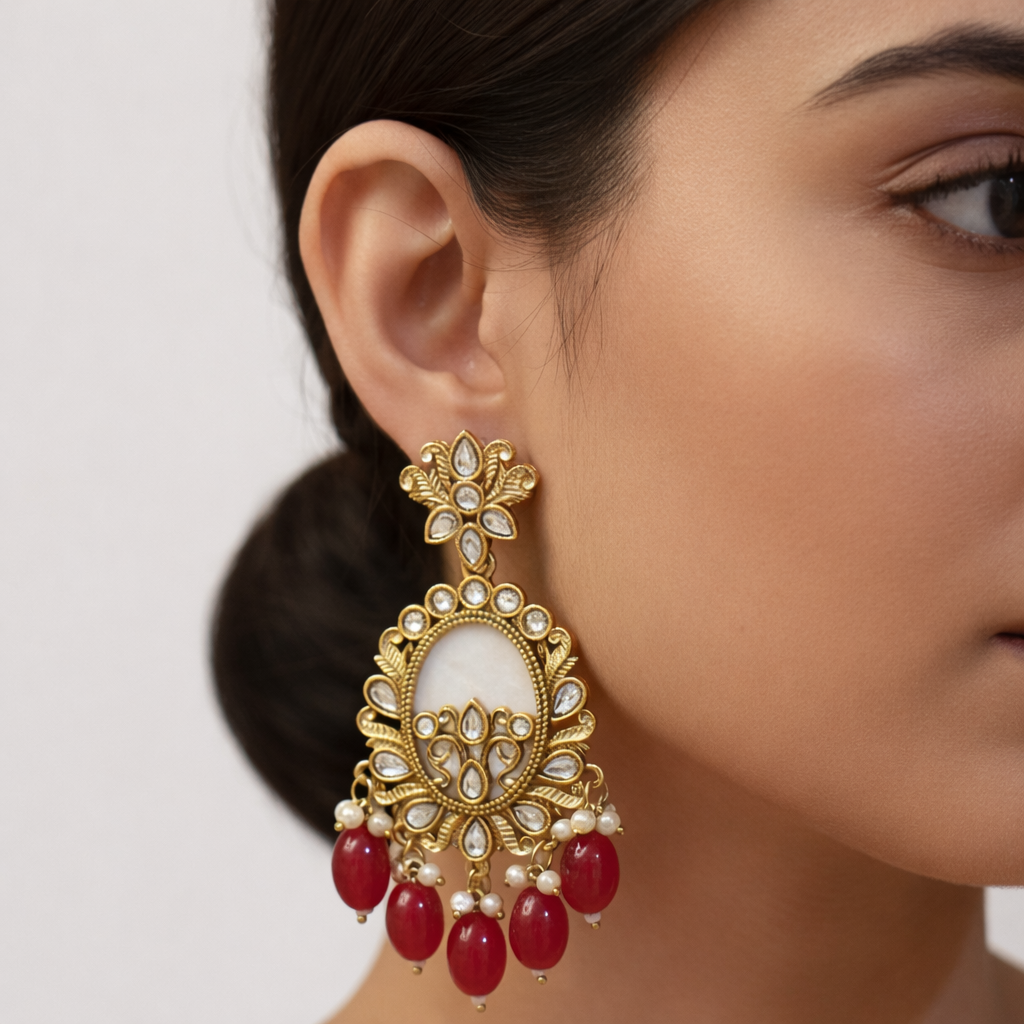 Maroon Kundan Floral Jhumka Earrings with Beads