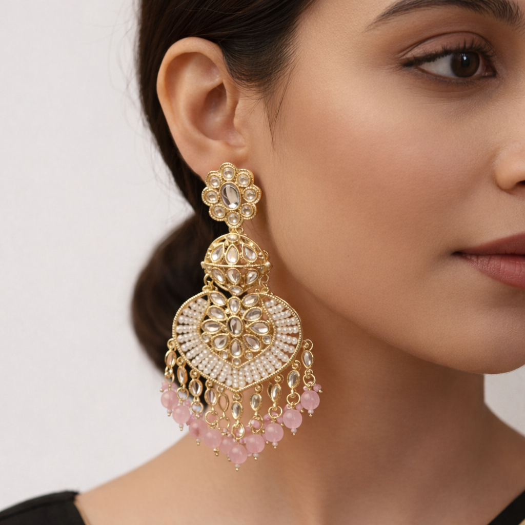 Gold Kundan Tear-Drop Statement Earrings with Baby Pink Beads