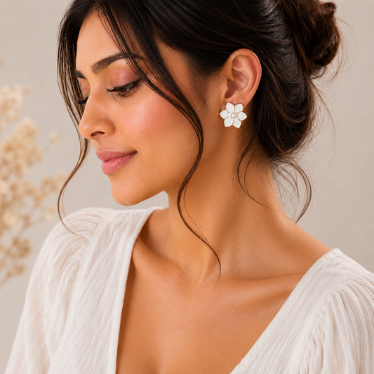 Korean White Flower Stud Earrings for Women | Gold Floral Pearl Earrings | Cute Minimalist Party Wear Earrings