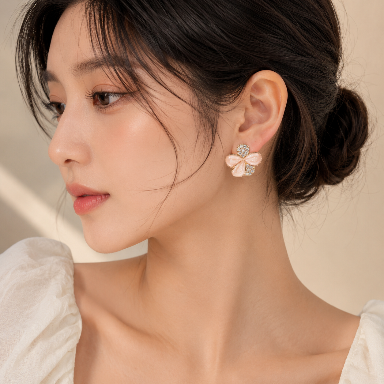 Blush Pink Crystal Floral Stud Earrings for Women | Korean Style Gold Plated Flower Earrings