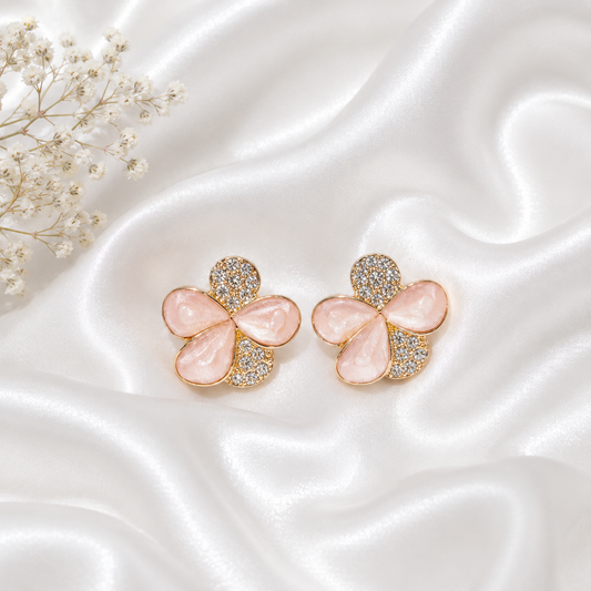 Blush Pink Crystal Floral Stud Earrings for Women | Korean Style Gold Plated Flower Earrings