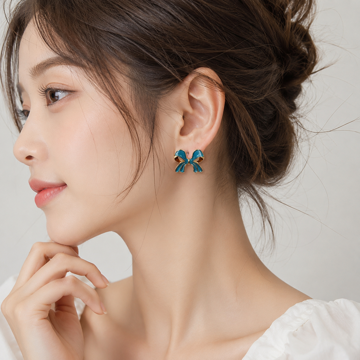 Teal Blue Bow Stud Earrings for Women | Korean Style Gold Plated Ribbon Earrings