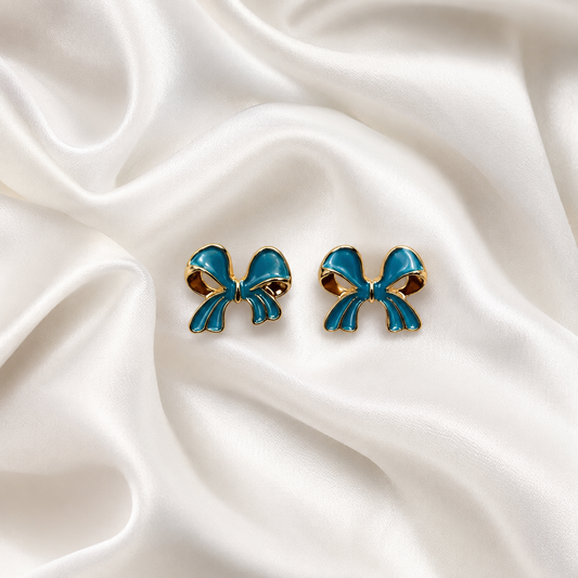 Teal Blue Bow Stud Earrings for Women | Korean Style Gold Plated Ribbon Earrings