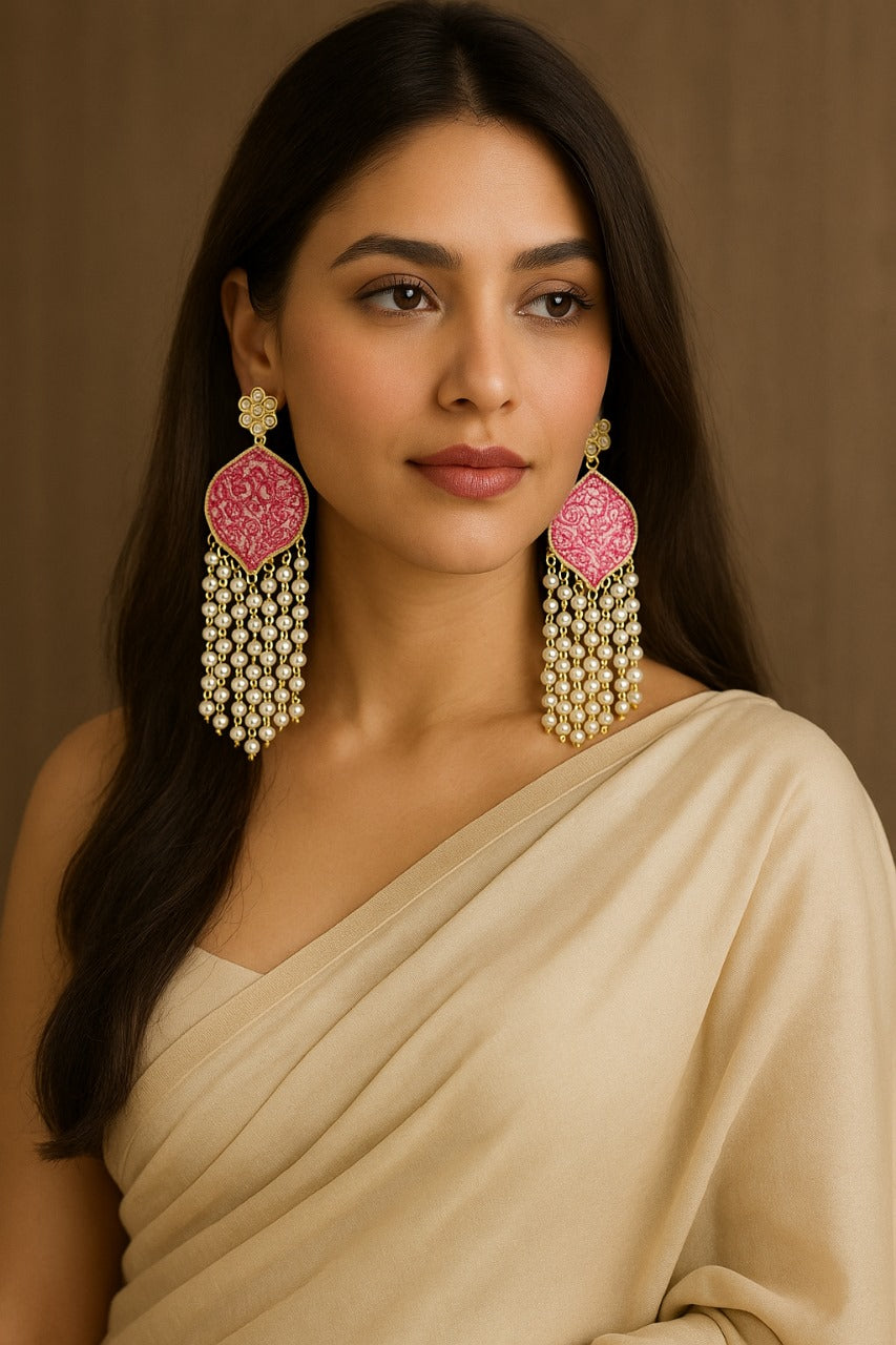 Pink Meenakari Pearl Cascade Statement Earrings