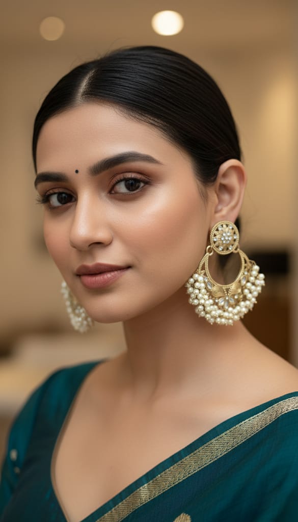 Gold Kundan Pearl Hoop Statement Earrings