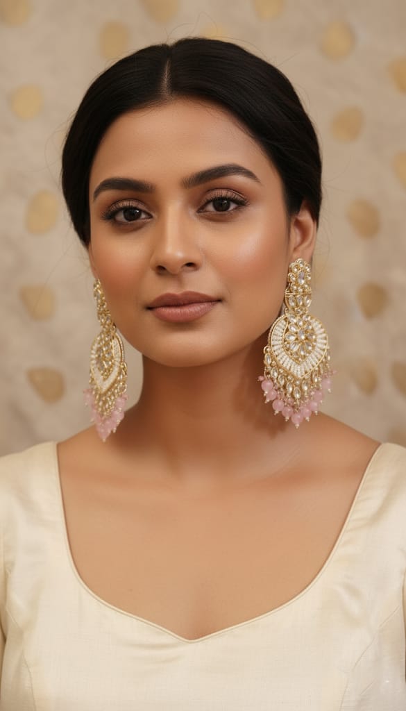 Gold Kundan Tear-Drop Statement Earrings with Baby Pink Beads