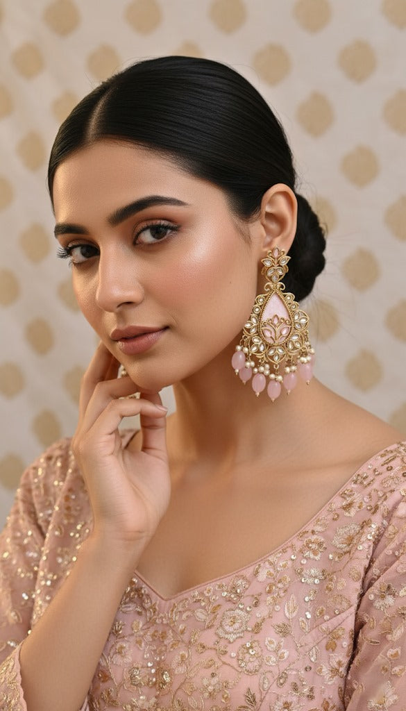 Blush Pink Kundan Pearl Chandbali Earrings