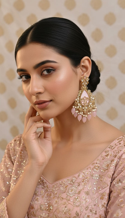 Blush Pink Kundan Pearl Chandbali Earrings
