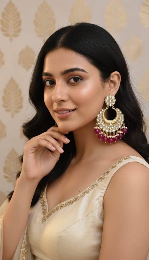 Gold Kundan Round Chandbali Earrings with Pink Bead Drops