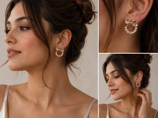 Korean Bow Pearl Hoop Earrings for Women | Gold Crystal Pearl Stud Earrings | Cute Elegant Party Wear Earrings