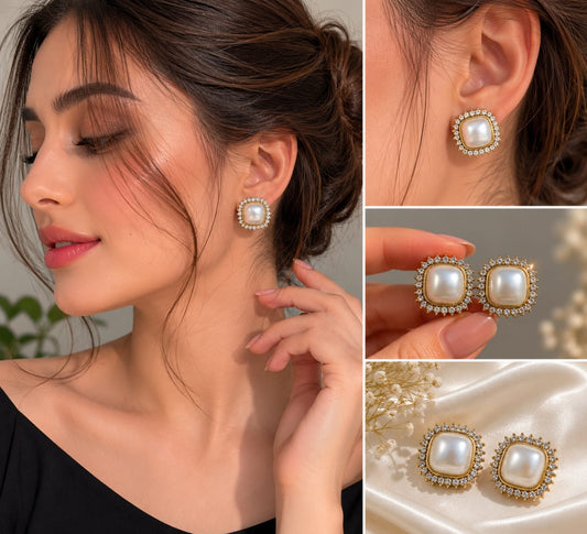 Luxury Pearl Stud Earrings for Women | Korean Square Pearl Crystal Earrings | Elegant Gold Party Wear Earrings