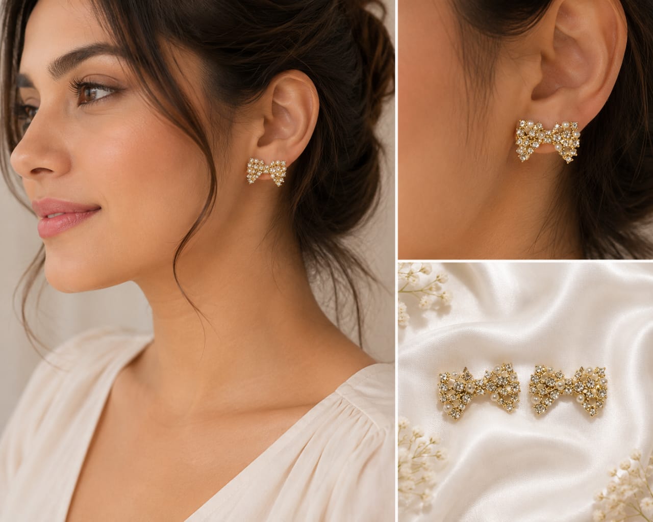 Korean Crystal Bow Stud Earrings for Women | Gold Pearl Bow Earrings | Cute Luxury Party Wear Earrings