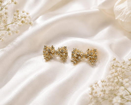 Korean Crystal Bow Stud Earrings for Women | Gold Pearl Bow Earrings | Cute Luxury Party Wear Earrings