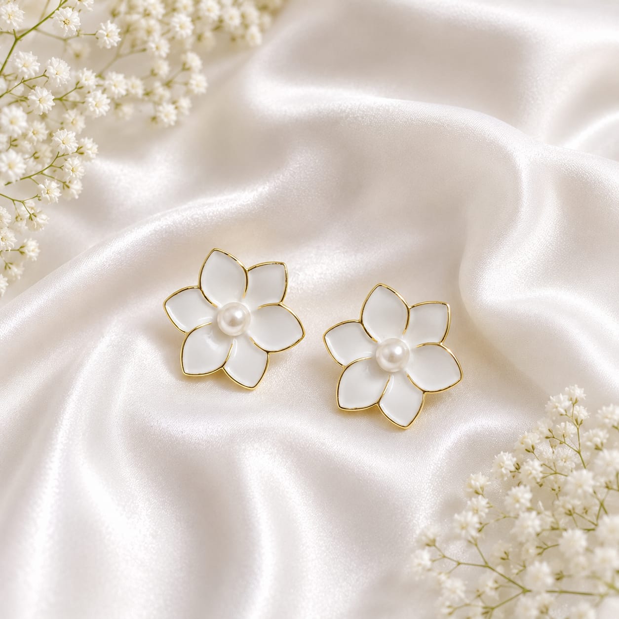 Korean White Flower Stud Earrings for Women | Gold Floral Pearl Earrings | Cute Minimalist Party Wear Earrings