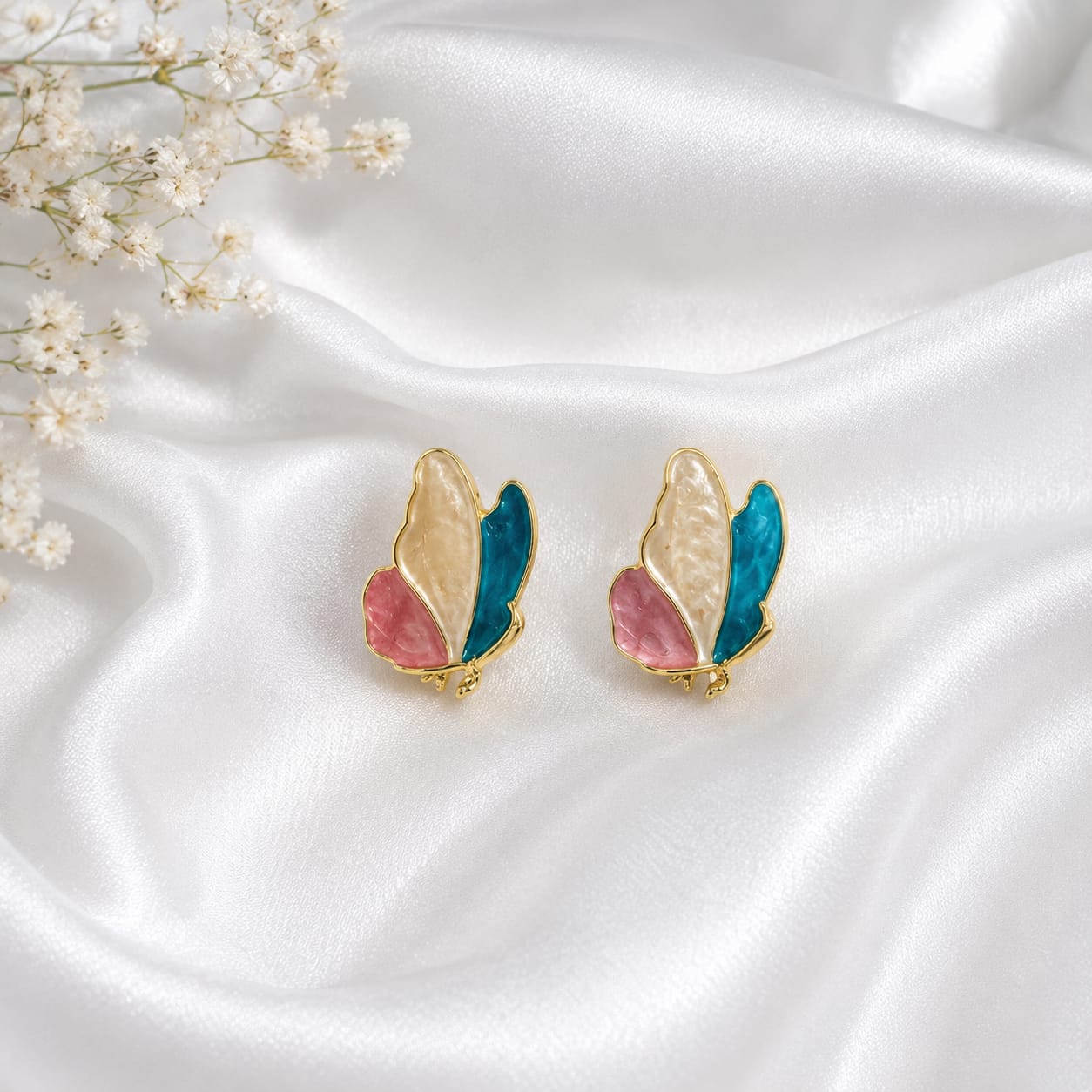 Pastel Butterfly Korean Stud Earrings for Women | Gold Plated Colorful Enamel Fashion Earrings