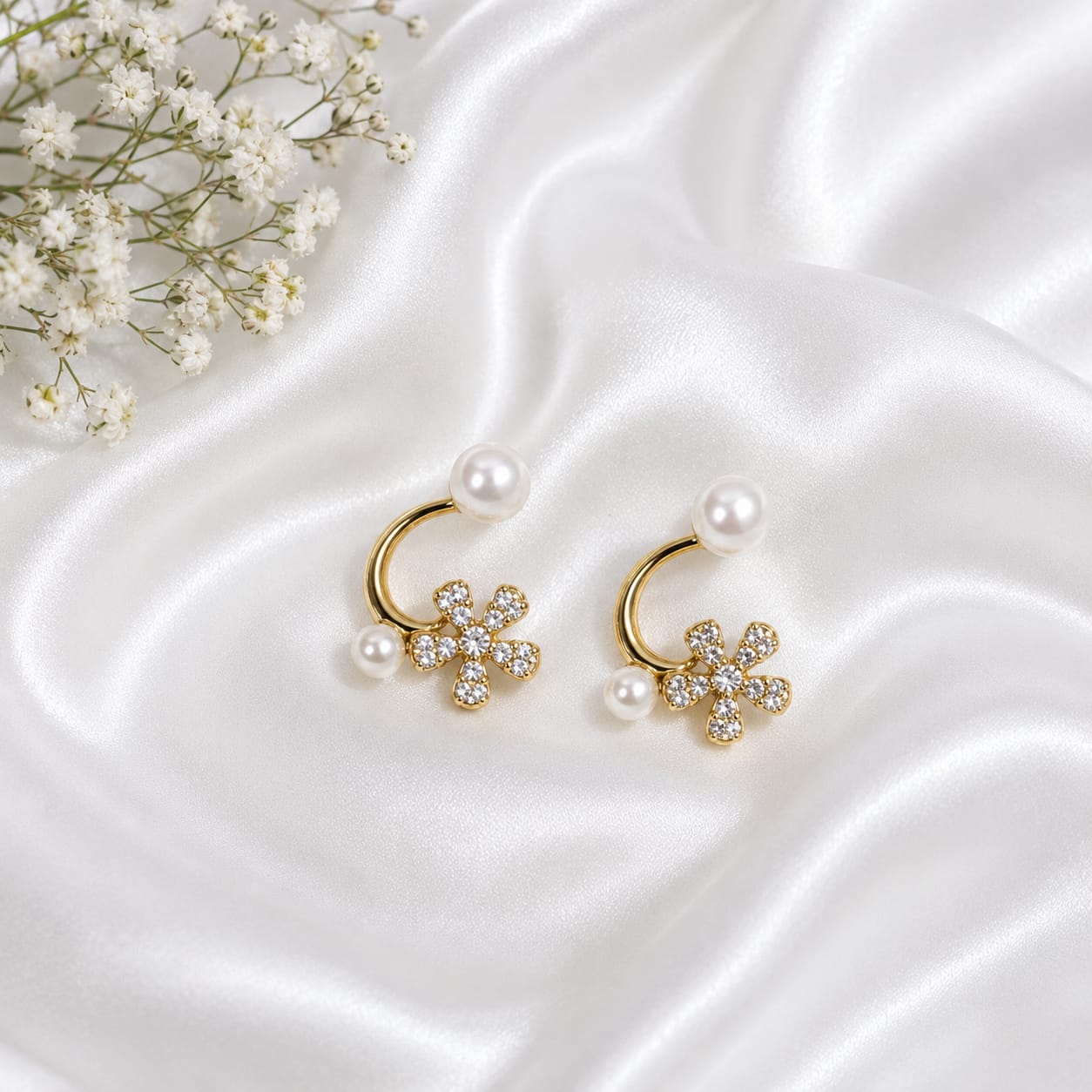 Pearl Flower Korean Stud Earrings for Women | Gold Plated Crystal Floral Earrings