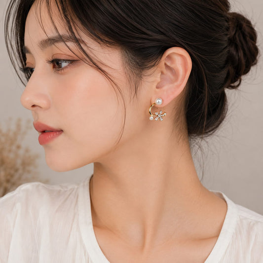 Pearl Flower Korean Stud Earrings for Women | Gold Plated Crystal Floral Earrings