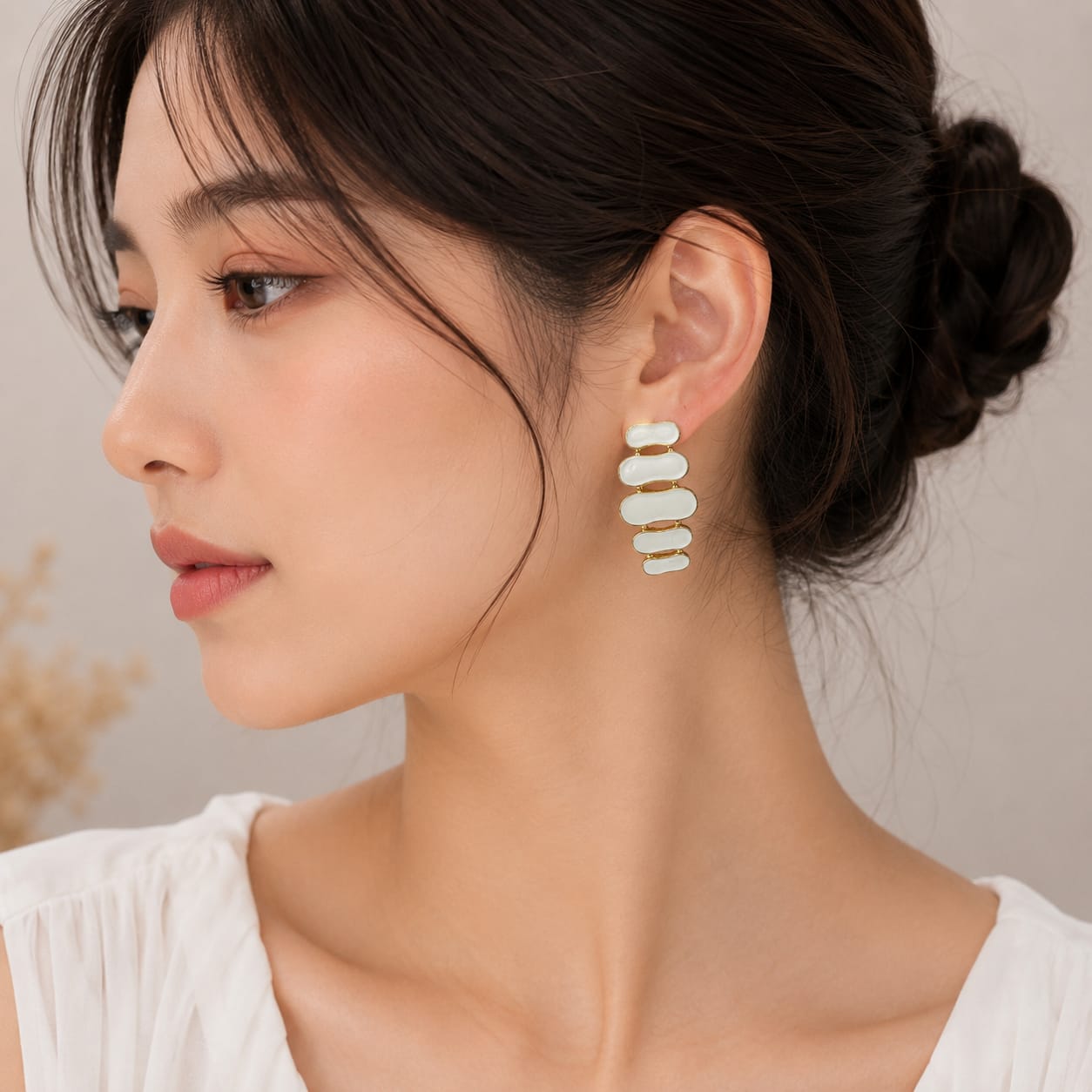 White Enamel Korean Drop Earrings for Women | Gold Plated Minimal Statement Earrings