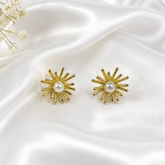 Korean Sunburst Pearl Stud Earrings for Women | Gold Starburst Pearl Earrings | Minimalist Luxury Party Wear Earrings
