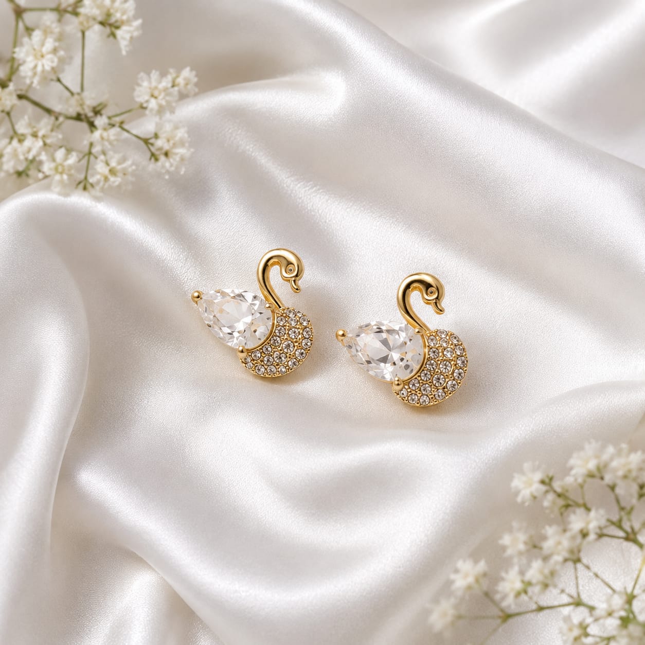Luxury Swan Crystal Stud Earrings for Women | Korean Gold CZ Swan Earrings | Elegant Party Wear Designer Earrings