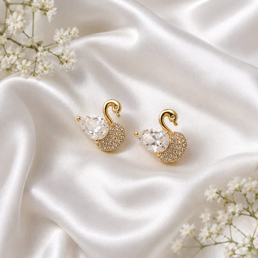 Luxury Swan Crystal Stud Earrings for Women | Korean Gold CZ Swan Earrings | Elegant Party Wear Designer Earrings