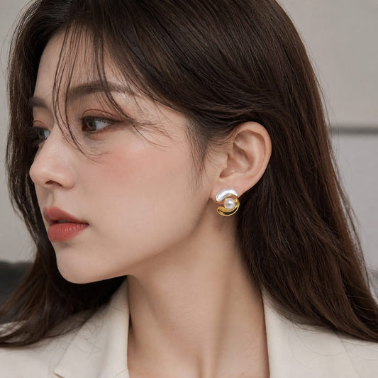 Korean Pearl Swirl Stud Earrings for Women | Gold & White Minimalist Pearl Earrings | Elegant Office & Party Wear Earrings