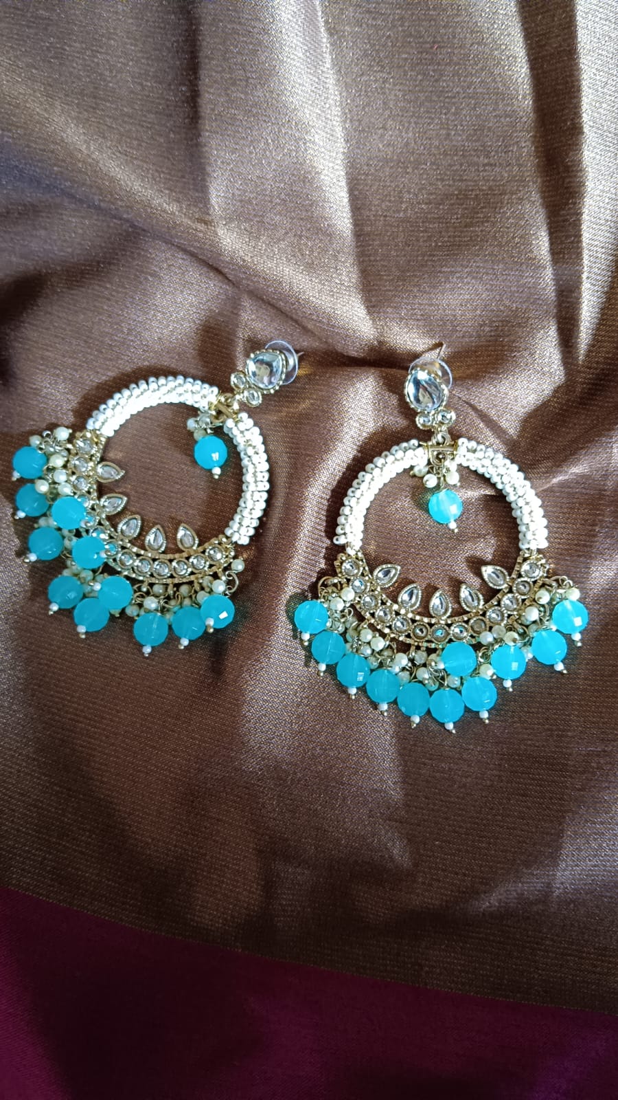 Sky Blue Beaded Kundan Chandbali Earrings for Women