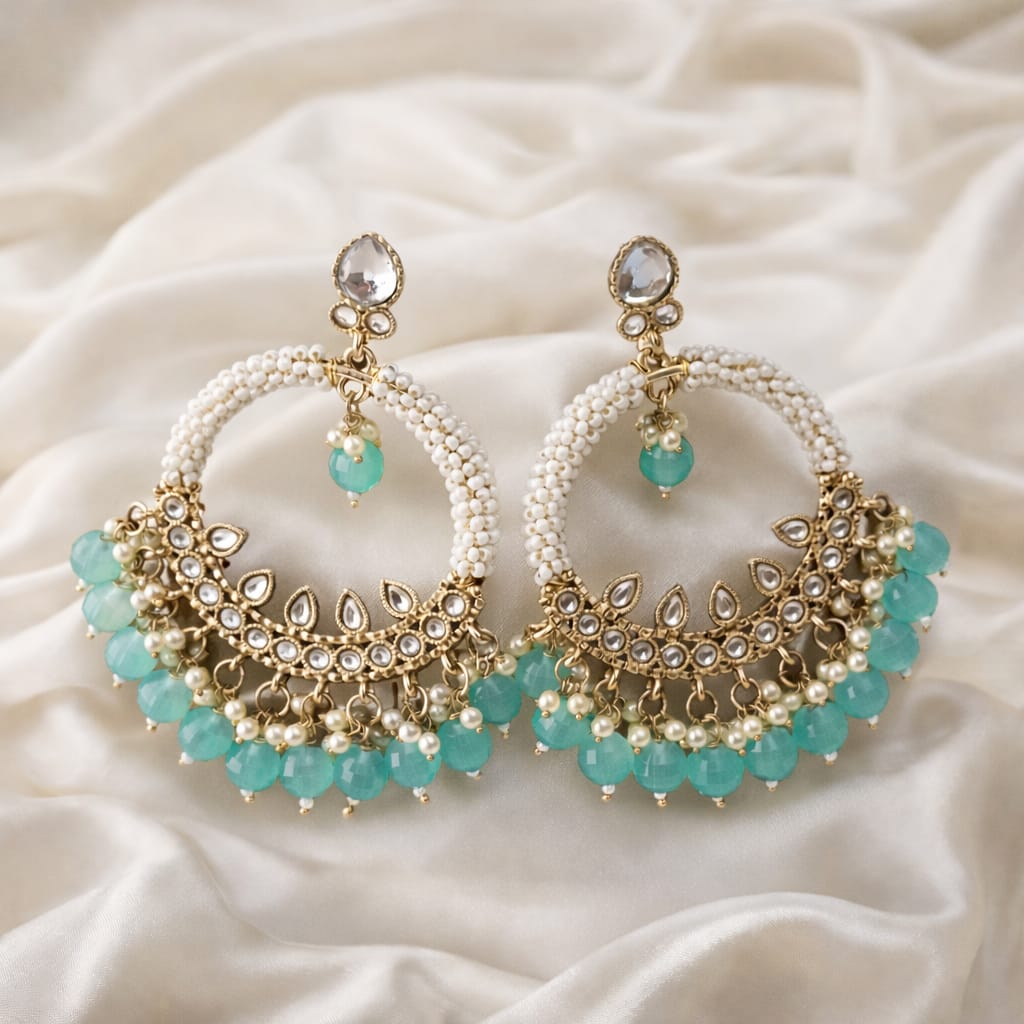Sky Blue Beaded Kundan Chandbali Earrings for Women