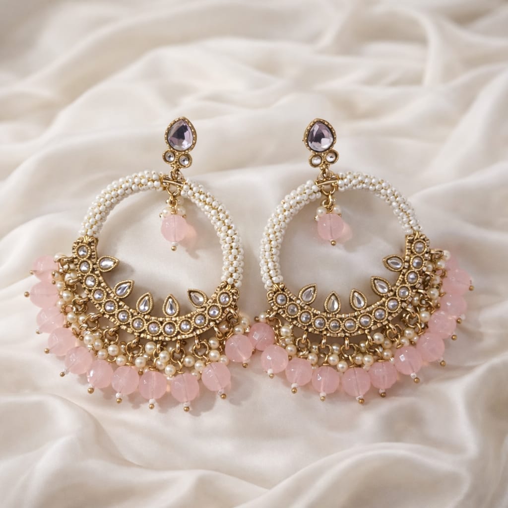 Premium Pearl & Pink Beads Chandbali Earrings for Women