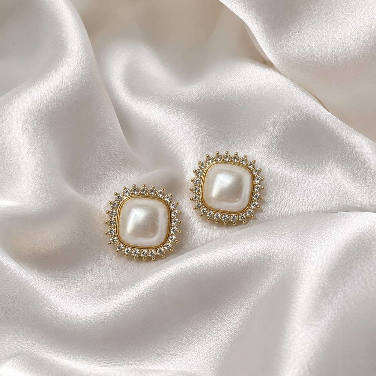 Luxury Pearl Stud Earrings for Women | Korean Square Pearl Crystal Earrings | Elegant Gold Party Wear Earrings
