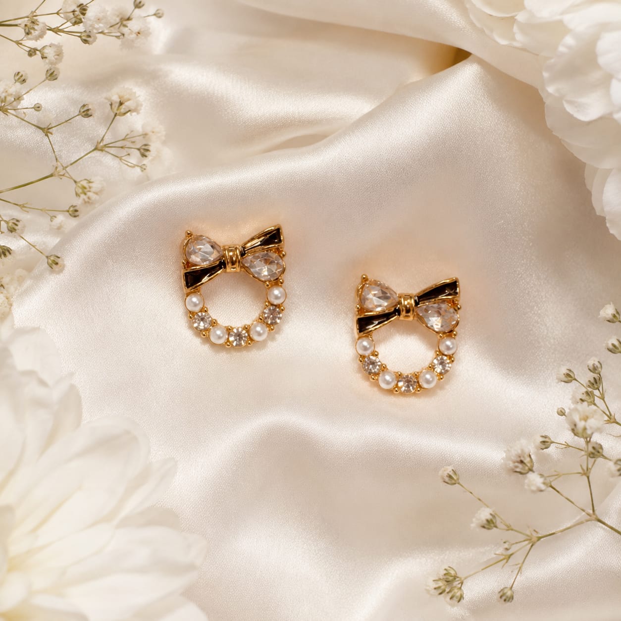 Korean Bow Pearl Hoop Earrings for Women | Gold Crystal Pearl Stud Earrings | Cute Elegant Party Wear Earrings