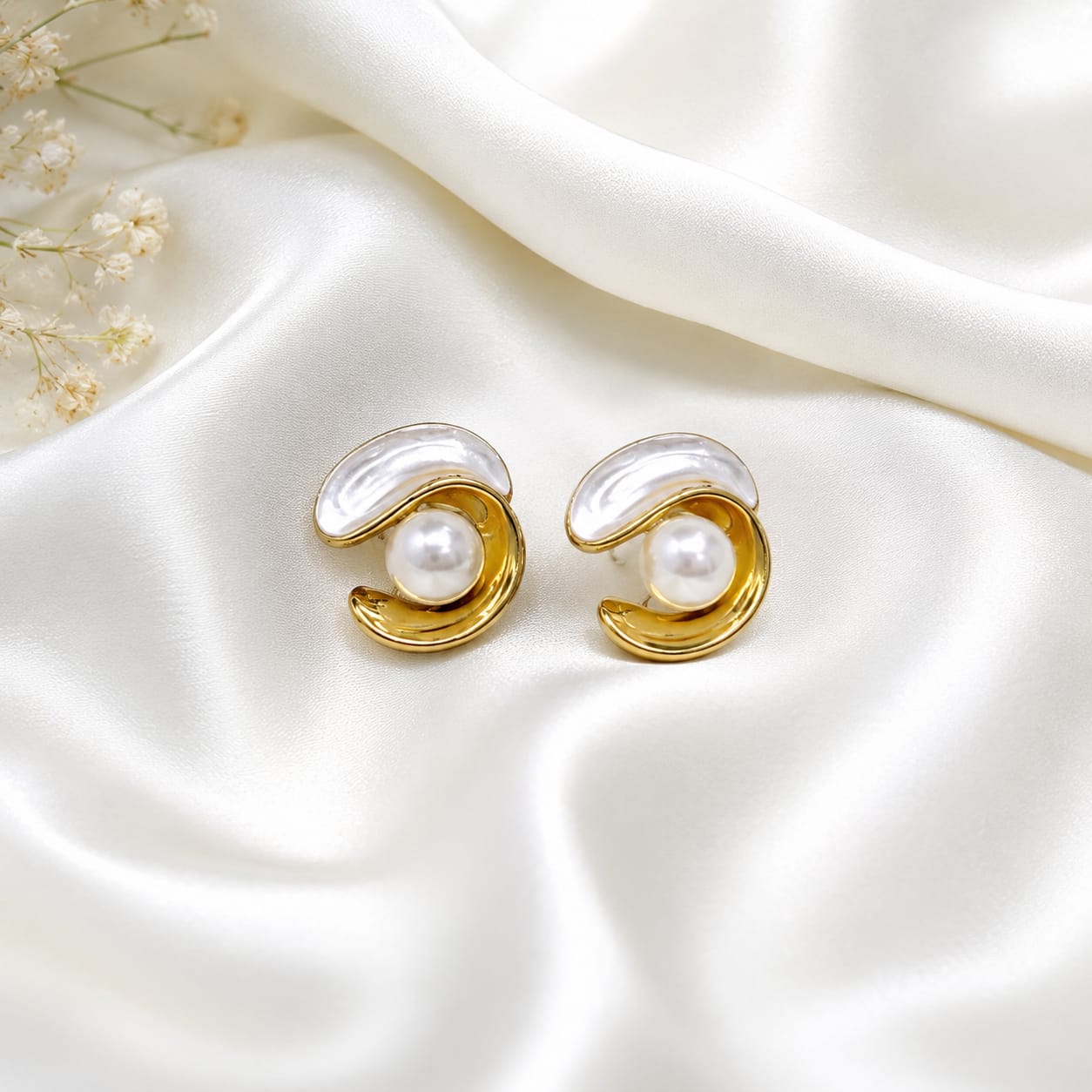 Korean Pearl Swirl Stud Earrings for Women | Gold & White Minimalist Pearl Earrings | Elegant Office & Party Wear Earrings