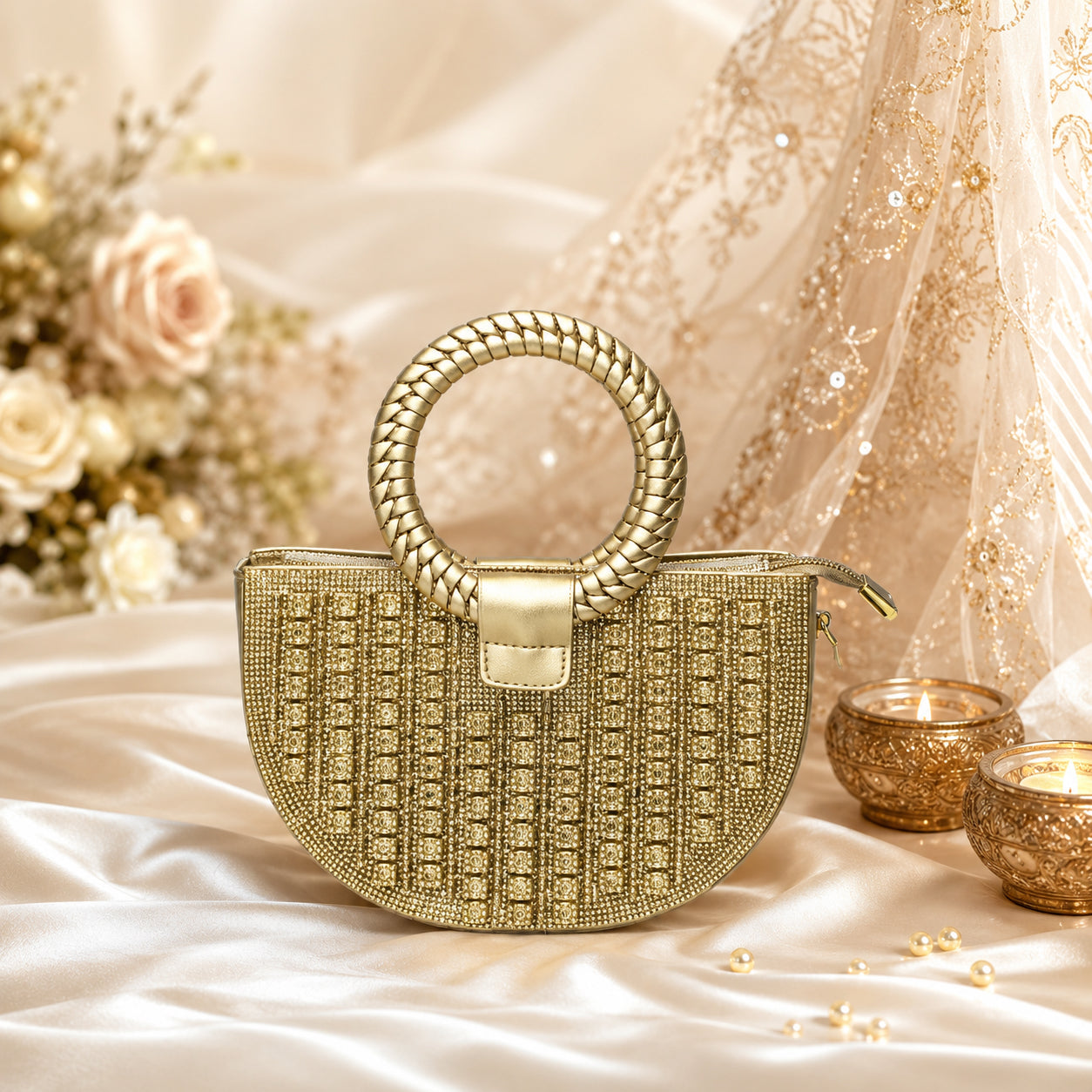 Royal Gold Bridal Ring Handle Clutch Bag | Premium Wedding Party Handbag for Women