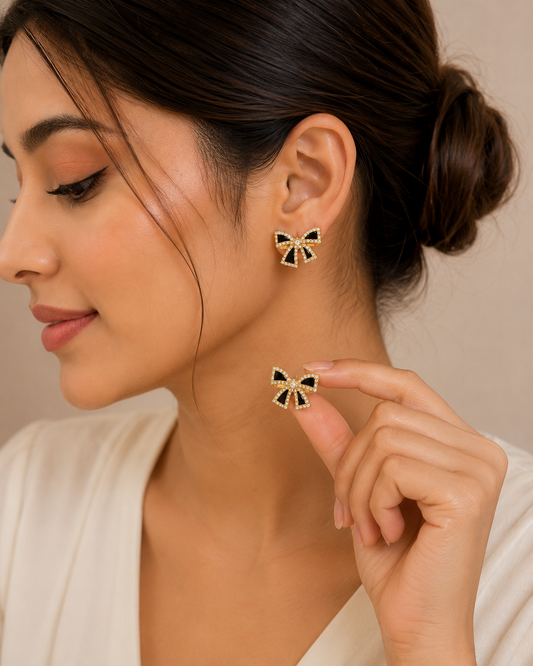 Luxury Black Bow Diamond Stud Earrings