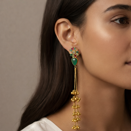 Emerald Floral Long Tassel Earrings