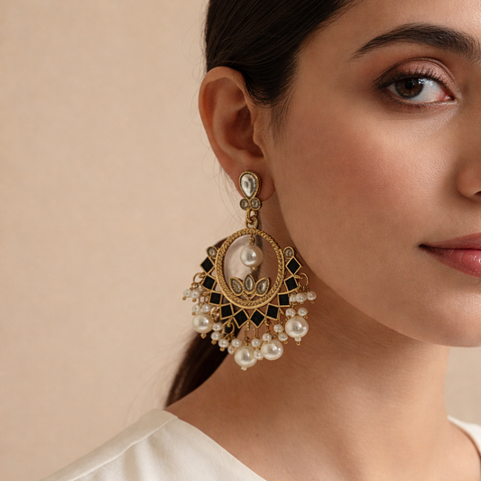 Luxury Black Diamond Pearl Hoop Earrings