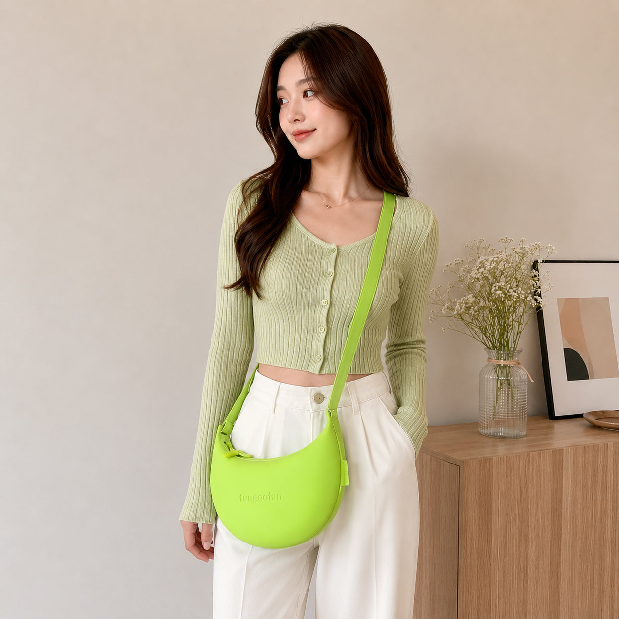 Premium Imported Korean Waterproof Crescent Sling Bag for Women – Lime Green Luxury Crossbody Bag