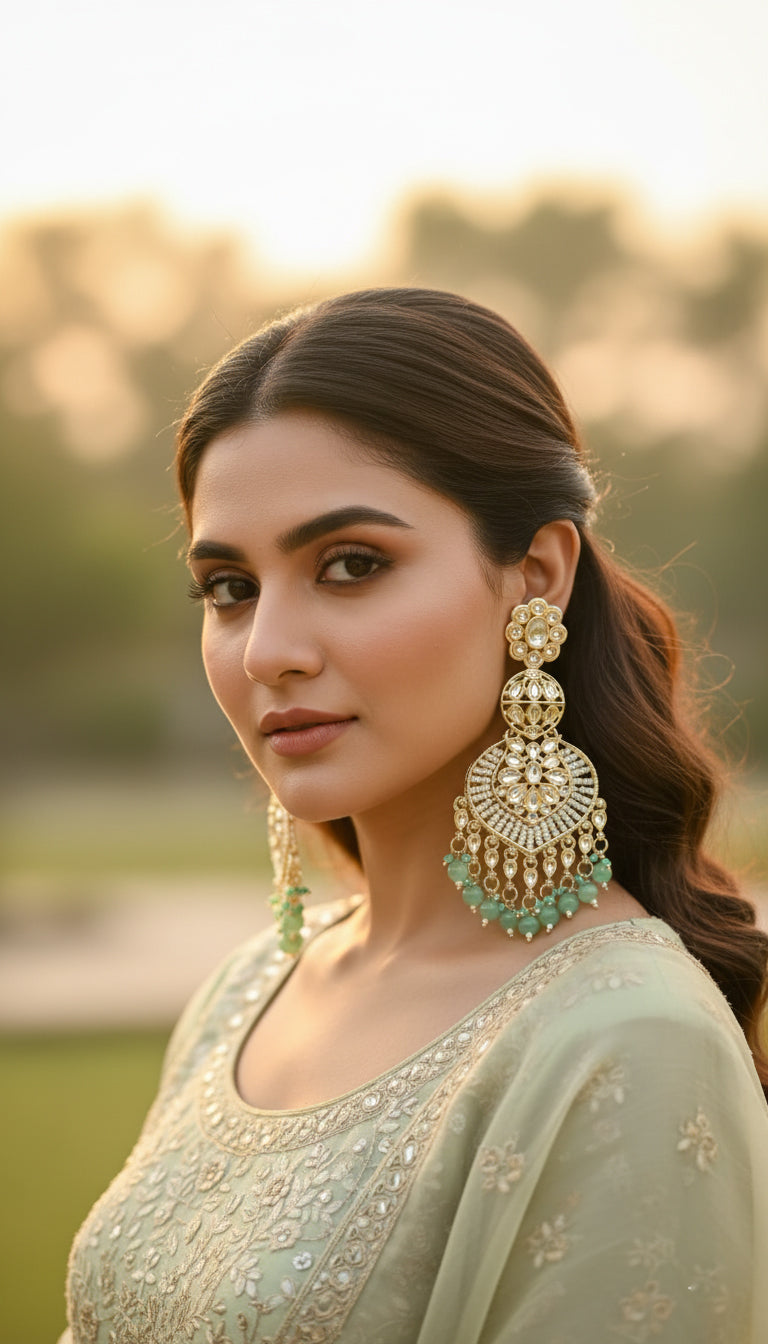 Mint Green Kundan Pearl Chandbali Earrings for Women
