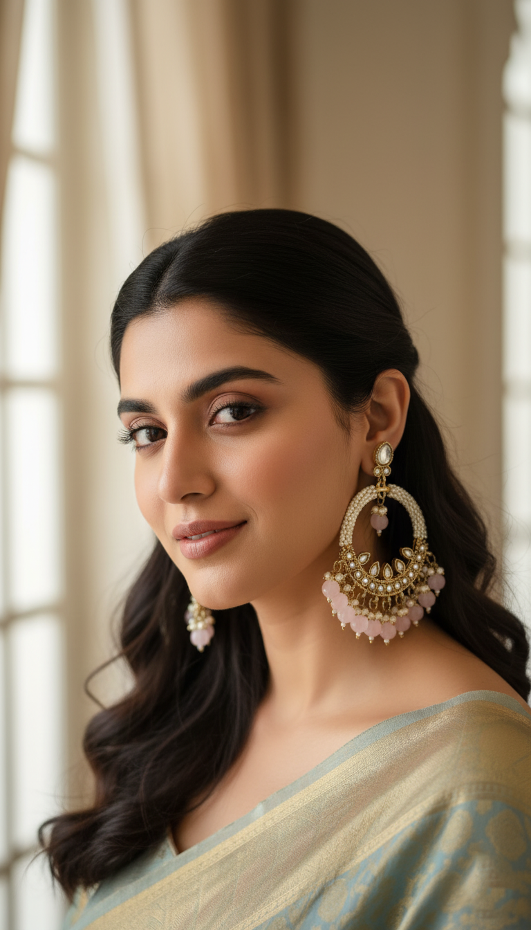 Premium Pearl & Pink Beads Chandbali Earrings for Women