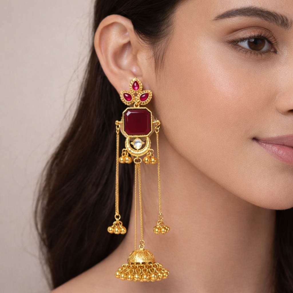 Handcrafted Kashmiri Red Stone Long Jhumka Earrings