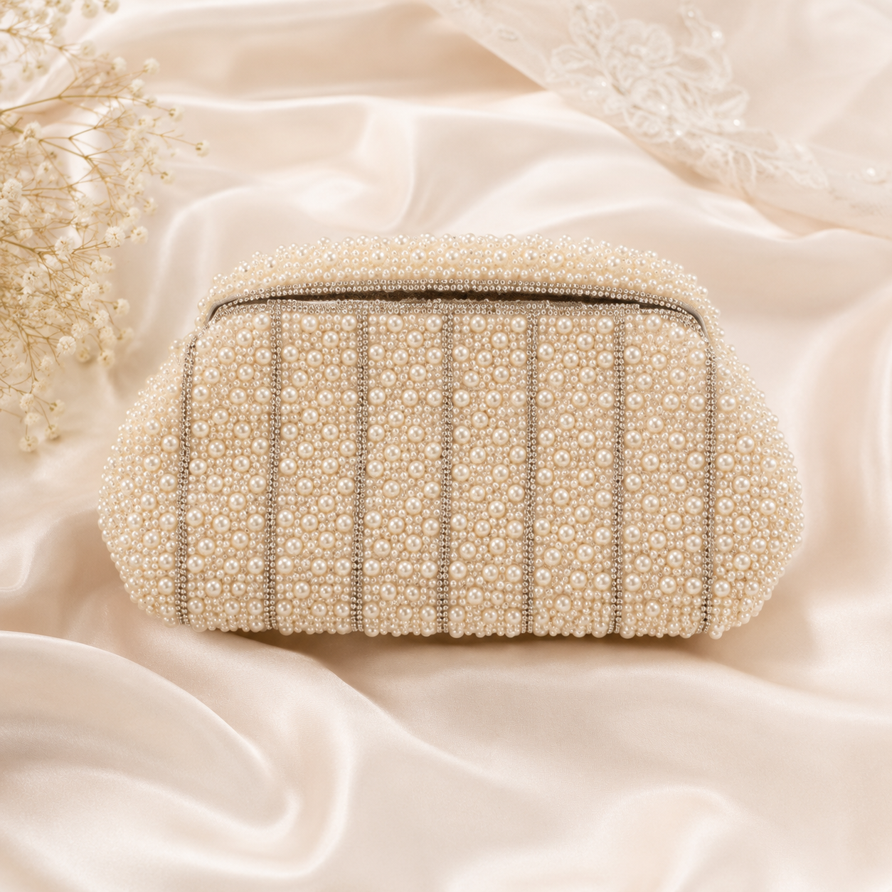 Pearl Luxe Bridal Clutch Bag with Detachable Chain | Premium Wedding Evening Purse for Women